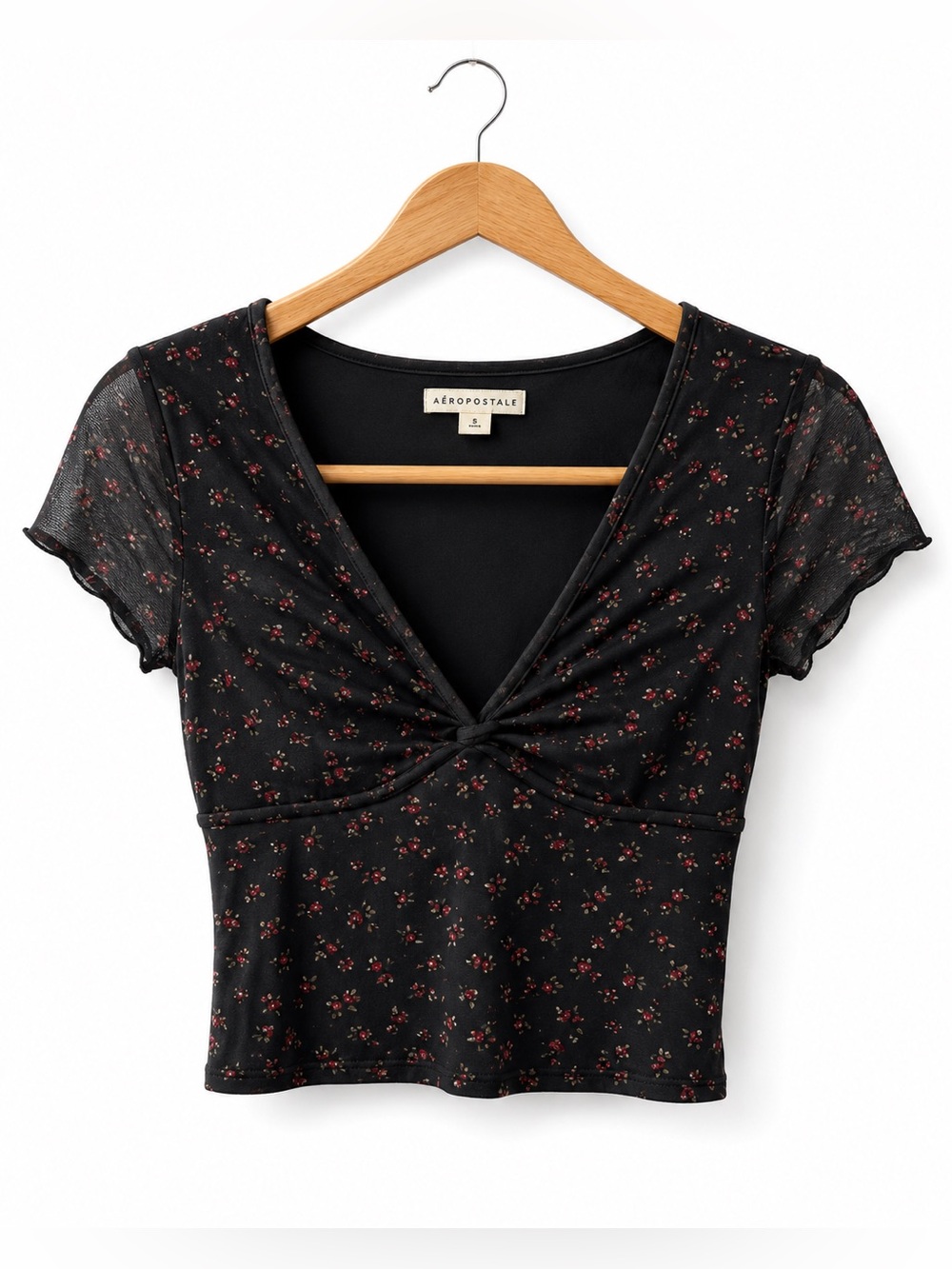 Aeropostale Black Ditsy Floral Mesh Babydoll Top NWT Women’s Medium Croquette